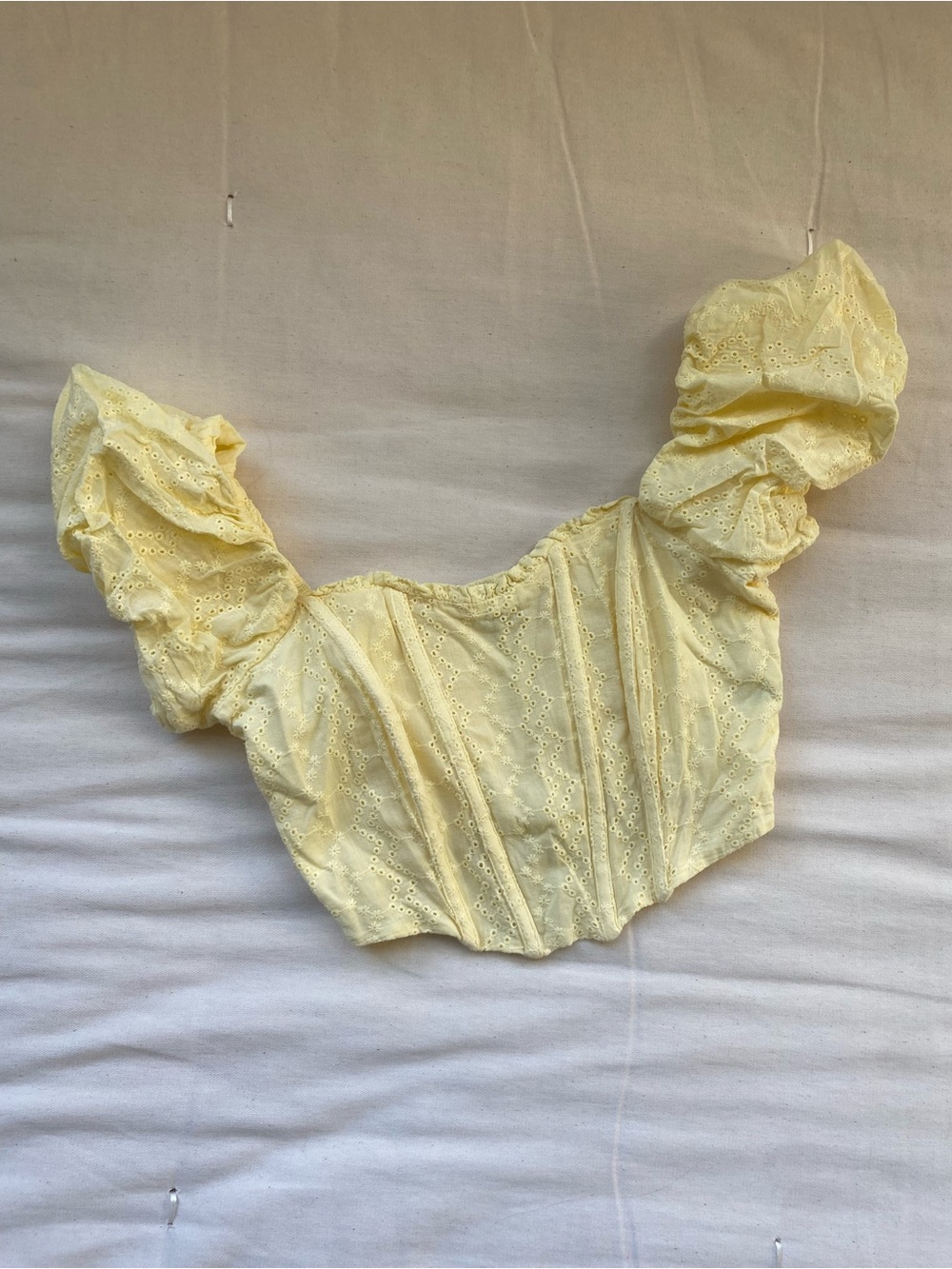 Yellow Eyelet Puff-Sleeve Crop Corset Top